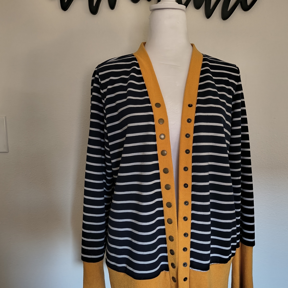 Striped Cardigan with Mustard Accents